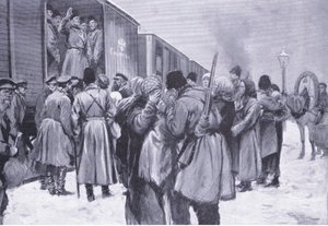 Abreise russischer Truppen in den Fernen Osten, Illustration aus Cassells Geschichte des Russisch-Japanischen Krieges Band 1, ca. 1900 von George Soper