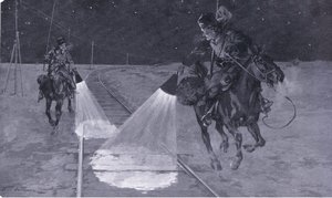 Auf einer mandschurischen Eisenbahn: Nachtpatrouille, Illustration aus Cassells Geschichte des Russisch-Japanischen Krieges Band 1, ca. 1900 von George Soper