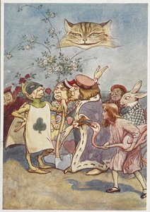 Die Grinsekatze beobachtet Alice und den Spielkarten-Henker, mit anderen