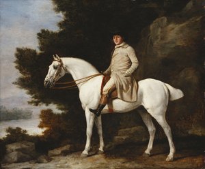 Ein Gentleman auf einem grauen Pferd in einer felsigen bewaldeten Landschaft, 1781 von George Stubbs