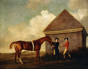"Eclipse", ein dunkelbraunes Rennpferd, gehalten von einem Stallburschen, mit einem Jockey, möglicherweise Jack Oakley, beim Rubbing Down House in Newmarket, 1770 von George Stubbs