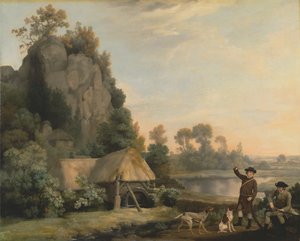 Zwei Herren beim Schießen, mit Blick auf Creswell Crags, vor Ort aufgenommen von George Stubbs
