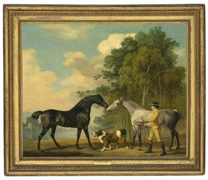 Zwei Jäger mit einem jungen Stallburschen und einem Hund an einem See, 1778 von George Stubbs