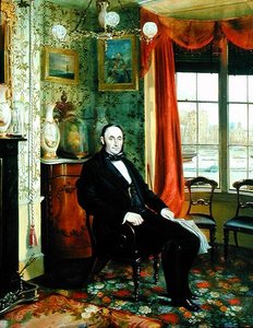Porträt von Henry Thomas Lambert, sitzend in seinem Arbeitszimmer mit Blick auf die Themse
