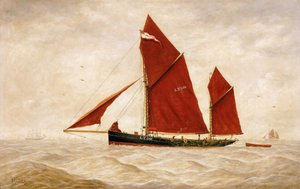 Ein Fischkutter der Lowestoft Company, mit seinen charakteristischen roten Segeln. Öl auf Leinwand von George Vempley Burwood