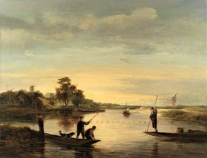 Ein Blick auf die Broads mit Männern, die von Booten aus angeln von George Vincent
