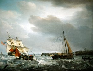 Ein britisches Kriegsschiff passiert die Mündung eines Flusses