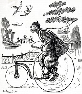 Karikatur eines chinesischen Mannes, der ein Dreirad durch einen Park in China fährt. Illustriert von George du Maurier (1834-1896), einem französisch-britischen Karikaturisten und Autor