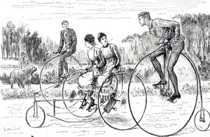 Eine Karikatur, die eine Gruppe junger Leute zeigt, die Dreiräder fahren. Illustriert von George du Maurier (1834-1896), ein franco-britischer Karikaturist und Autor