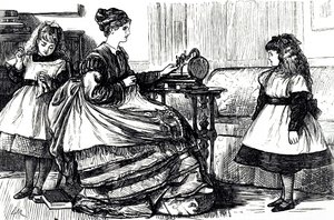 Eine Karikatur, die eine junge Mutter zeigt, die eine Nähmaschine benutzt. Illustriert von George du Maurier (1834-1896), einem franco-britischen Karikaturisten und Autor
