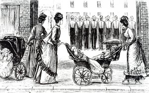 Eine Gravur, die Kindermädchen zeigt, die Kinder in Kinderwagen schieben. Illustriert von George du Maurier (1834-1896), einem franco-britischen Karikaturisten und Autor von George du Maurier