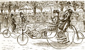 Eine Gravur, die Passagiere zeigt, die in Fahrradkutschen fahren. Illustriert von George du Maurier (1834-1896), ein franco-britischer Karikaturist und Autor