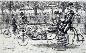 Eine Gravur, die Passagiere zeigt, die in Fahrradkutschen fahren. Illustriert von George du Maurier (1834-1896), ein franco-britischer Karikaturist und Autor