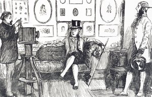 Karikatur, die den Unkomfort kommentiert, den man beim Fotografieren erleidet: Aufgrund der langen Belichtungszeit, die für frühe Prozesse erforderlich war, musste das Motiv lange Zeit eine Pose halten, und es wurden geniale Vorrichtungen entwickelt, um di von George du Maurier