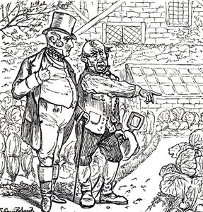 Karikatur, die einen Gentleman mit dem Gärtner im Gemüsegarten zeigt von George du Maurier
