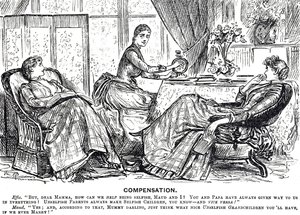 Karikatur einer Frau, die eine handbetriebene Nähmaschine benutzt von George du Maurier