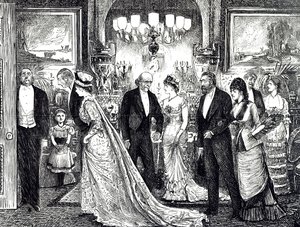 Karikatur, die eine elegante Soirée in einem viktorianischen Haus zeigt