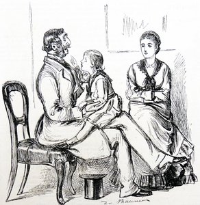 Kind fasziniert von Gummi, das zum Befestigen von falschen Zähnen verwendet wird von George du Maurier