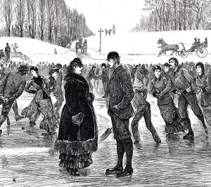 Gravur, die ein mittelaltes Paar beim Eislaufen zeigt