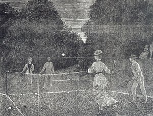 Gravur, die die Verwendung von weißer Phosphorfarbe empfiehlt, die Tennisspielern empfohlen wird von George du Maurier