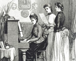 Gravur von jungen Damen, die im Salon singen