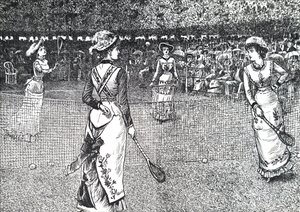 Damen spielen Rasentennis von George du Maurier