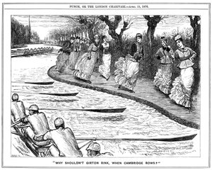 Rollschuhlaufen sehr in Mode. Studentinnen von Girton auf dem Treidelpfad winken den Ruderern auf dem Fluss zu. George du Maurier Karikatur aus Punch, London