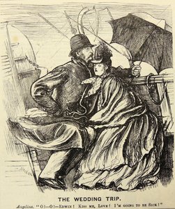 Die Hochzeitsreise: Flitterwochenpaar leidet unter Seekrankheit beim Überqueren des Ärmelkanals. George du Maurier Karikatur aus „Punch“, London