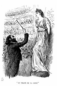 Trilby die Tontaube, die kein C von einem F unterscheiden konnte, gibt ein Konzert unter Svengalis hypnotischem Einfluss. Illustration von George Du Maurier für seinen Roman Trilby, London