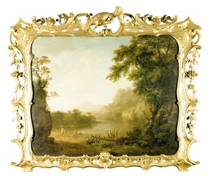 Eine italienische bewaldete Flusslandschaft mit Figuren im Vordergrund und einem Dorf dahinter von George the Elder Barret