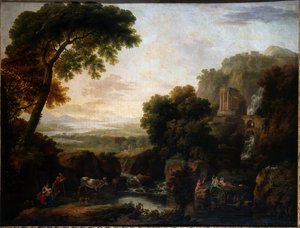 Italienische Landschaft mit einer Capriccio-Ansicht von Tivoli, einem Hirten und einer Hirtin und Vieh