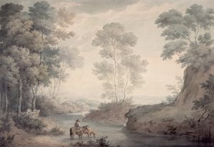 Landschaft mit Fluss und Pferden beim Tränken von George the Elder Barret