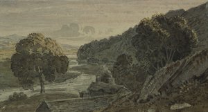 Abend, Landschaft, mit Cottage und Fluss von George the Younger Barret