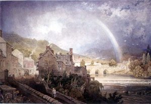 Dorf und Brücke von Llangollen, Nordwales, mit Regenbogeneffekt