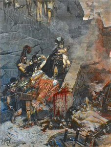 Andromache - Andromaque (Odysseus reißt Astyanax aus den Armen von Andromaque, um ihn von den Mauern Trojas zu werfen) - Gravur nach dem Gemälde von George-Antoine Rochegrosse (1859-1938)