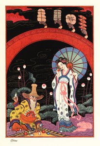 Eine junge Frau mit Lackschirm riecht an einer Parfümflasche von Georges Barbier