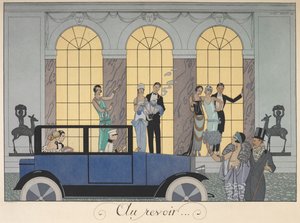 Auf Wiedersehen. Menschen, die in einem Auto wegfahren. Menschen in Abendkleidung