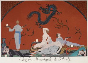 Chez la Marchande de Pasots. Menschen, einige nackt, liegen in einem Raum. Chinesische Dekoration. von Georges Barbier