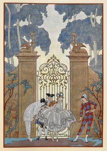Colombine. Menschen stehen vor einem Tor. Ein Pierrot. von Georges Barbier
