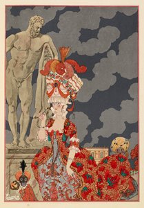 Cortège. Eine attraktive Frau in einem roten Kleid und einem aufwendigen Hut. Ein kleiner Affe und ein Junge. von Georges Barbier