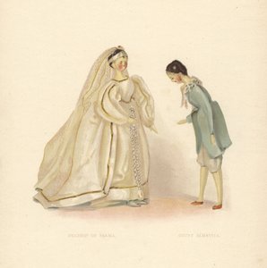 Puppen der Herzogin von Parma und Graf Almaviva, aus Der Barbier von Sevilla, gekleidet von der jungen Prinzessin Victoria. Farbtafel nach einer Illustration von Alan Wright aus Frances H. Lows Queen Victoria