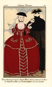Kostüme von Longhi. Frau im Damastkleid mit weißen Verzierungen, Umhang aus schwarzem Taft und Spitze von Georges Barbier