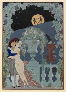 Fantoches. (Marionetten) aus Debussys Fêtes Galantes, Scaramouche und Pulcinelle. Ein Mann umarmt eine nackte Frau. Zwei Figuren im Silhouette gegen den Mond.