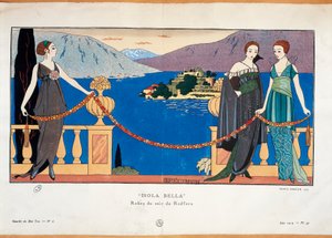 Modeplatte von Georges Barbier, die Damen im Redfern-Abendkleid und Borromean Isola Bella im Hintergrund darstellt, Pariser Haute Couture Journal Gazette du Bon Ton von Georges Barbier