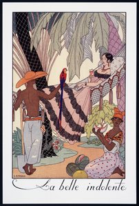 La Belle Indolente, Lithographie von George Barbier (1882-1932), aus Falbalas et Fanfreluches, Almanach des Modes Presentes, Passees et Futures, Frankreich, 20. Jahrhundert