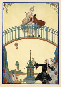À La Promenade. Ein Mann und eine Frau auf einer Brücke. Pierrot unten. von Georges Barbier