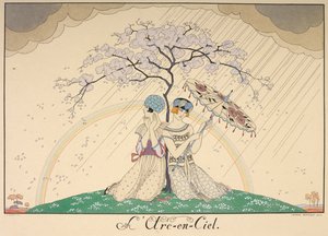 Der Regenbogen. Zwei Frauen, die sich unter einem Baum vor dem Regen schützen, im Hintergrund ist ein Regenbogen zu sehen von Georges Barbier