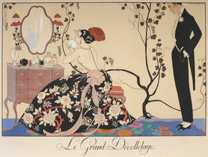 Das große Dekolleté. Eine Frau sitzt an ihrem Schminktisch, bewundert von einem Mann von Georges Barbier