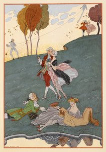 Les Ingénus. Eine Gruppe von Männern und Frauen. Ein Mann fliegt einen Drachen. Ein Faun.
