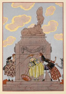 Mandoline. Menschen stehen um ein Denkmal. Eine Frau hält einen Sonnenschirm. Bedeutende Wolken. von Georges Barbier
